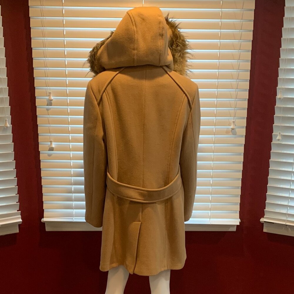 Woman’s Calvin Klein XL Tan Removable Faux Fur Hooded Wool Blend Coat - Picture 4 of 12